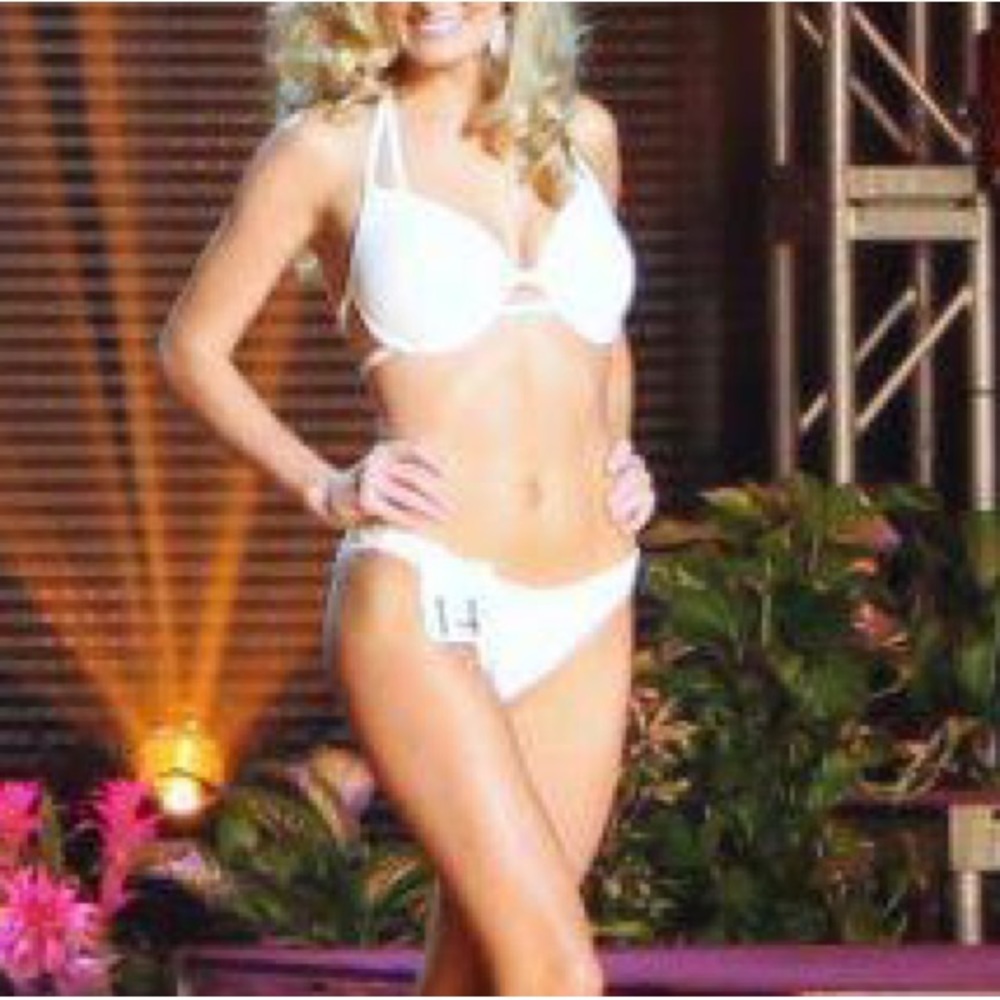 Jamye Shaw White Shiny Wet Look Pageant Bikini with Halter Top.